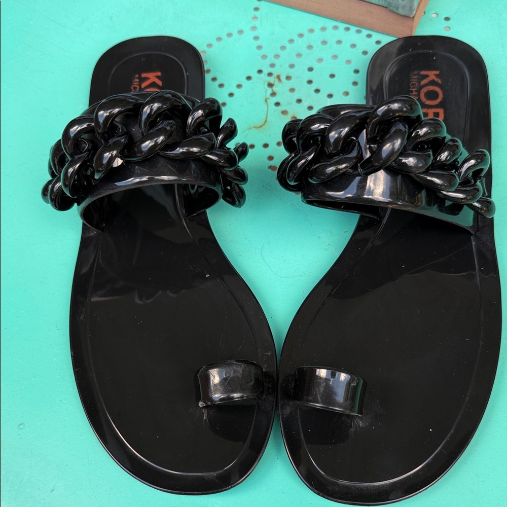 Michael Kors Glossy Black Chain Sandals - Picture 3 of 8
